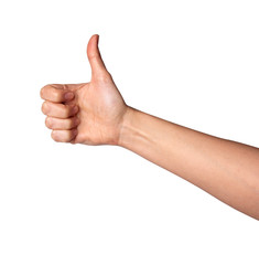 Woman hand with thumb up isolated on white background