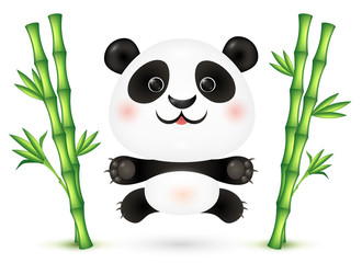 Funny vector panda jumping between bamboo canes