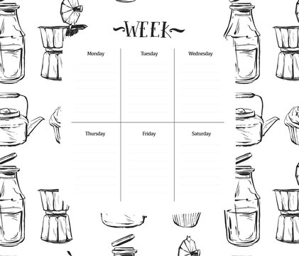 Scandinavian Weekly and Daily food Planner Template.Organizer and Schedule with Notes and To Do List.Vector.Isolated.Graphic kitchen elements in black and white colors.Recipe weekly daily for cooking.