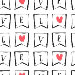 Hand drawn vector abstract graphic seamless pattern with love letter in flags in red,black and white colors.Trendy hipster decoration for St.Valentines day,wedding,greeting,fashion fabric,wrapping.