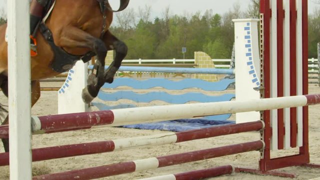 SLOW MOTION, CLOSE UP: Detail of horse legs jumping over colorful poles in outdoor riding arena. Dark brown stallion exercising fort stadium show jumping. Mare jumping over the poles in sandy manege
