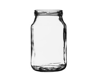 Empty glass jar with a thread on a white background