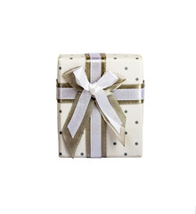 White empty gift box, with small circles of gray with a white ribbon. Isolated white top view