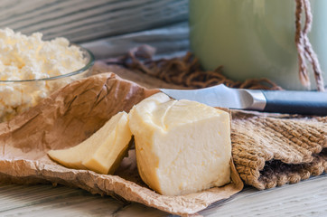 Dairy products on a wood background