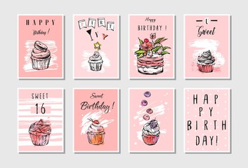 Hand made vector abstract textured unusual artistic collage Happy Birthday greetings cards collection set templates in pastel colors isolated.Invitation,decorations,tags,save the date,party