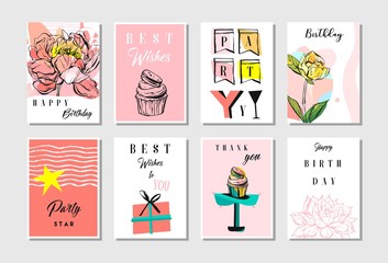 Hand drawn vector abstract textured unusual artistic collage Happy Birthday greetings cards collection set templates in pastel colors isolated.Invitation,decorations,tags,save the date design element