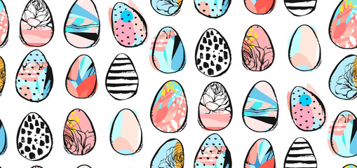 Hand drawn vector abstract creative universal Easter seamless pattern design with Easter eggs in bright colors isolated on white background.Spring unusual graphic decoration.