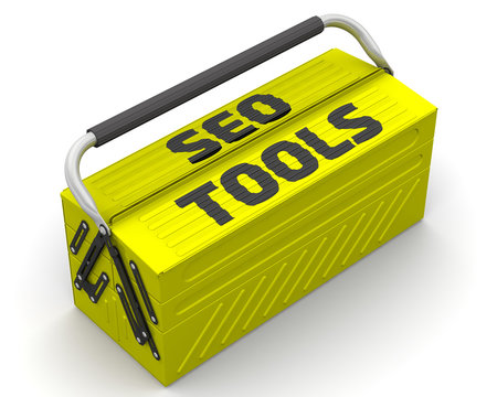 SEO tools. Closed yellow tool box on a white surface with text "SEO TOOLS". Isolated. 3D Illustration
