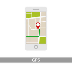 GPS navigator vector icon, flat style, isolated on white background. GPS navigation city map pin on mobile phone.