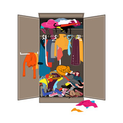 Untidy open woman wardrobe. Closet with messy clothes. Home mess interior. Flat design vector illustration.