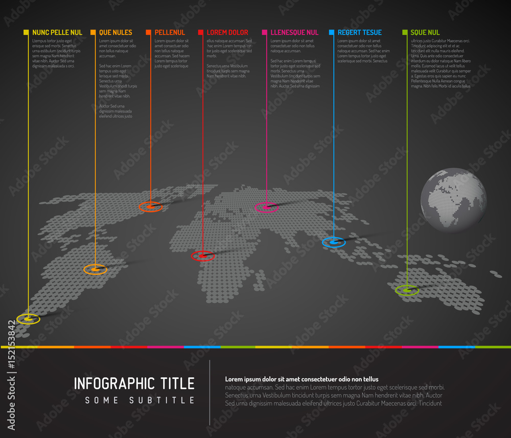 Poster infographic: dark world map with pointer marks