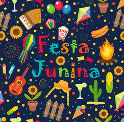 Festa Junina seamless pattern. Brazilian Latin American festival endless background. Repeating texture with traditional symbols. Vector illustration