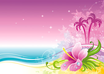 Beach sea poster landscape, hawaiian luau party. Watercolor hibiscus flower vector illustration. Aloha Hawaii design, summer holidays vacation banner. Vacation tropical island, palm tree travel icon - obrazy, fototapety, plakaty
