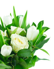 Bouquet with tulips and roses close up isolated on white background