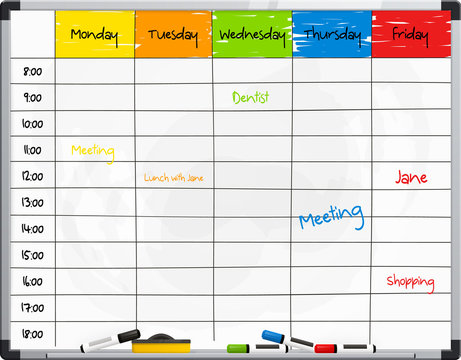 Planner template on whiteboard with color marker pens. Vector.