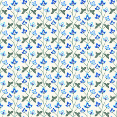 Floral seamless pattern, Jacobean style flowers. Colorful herbal background. Vector illustration. Jacobean floral, herbal collection, blue flowers.