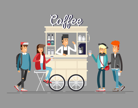 Creative detailed vector street coffee bicycle cart