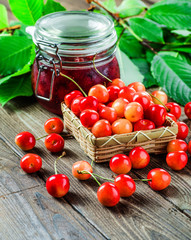 Fresh cherries in bowl on table