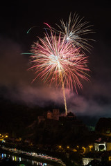 Fireworks show above the castle of Bouillon in Belgium
