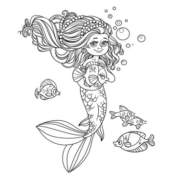 Cute little mermaid girl holds a pet fish outlined isolated on w