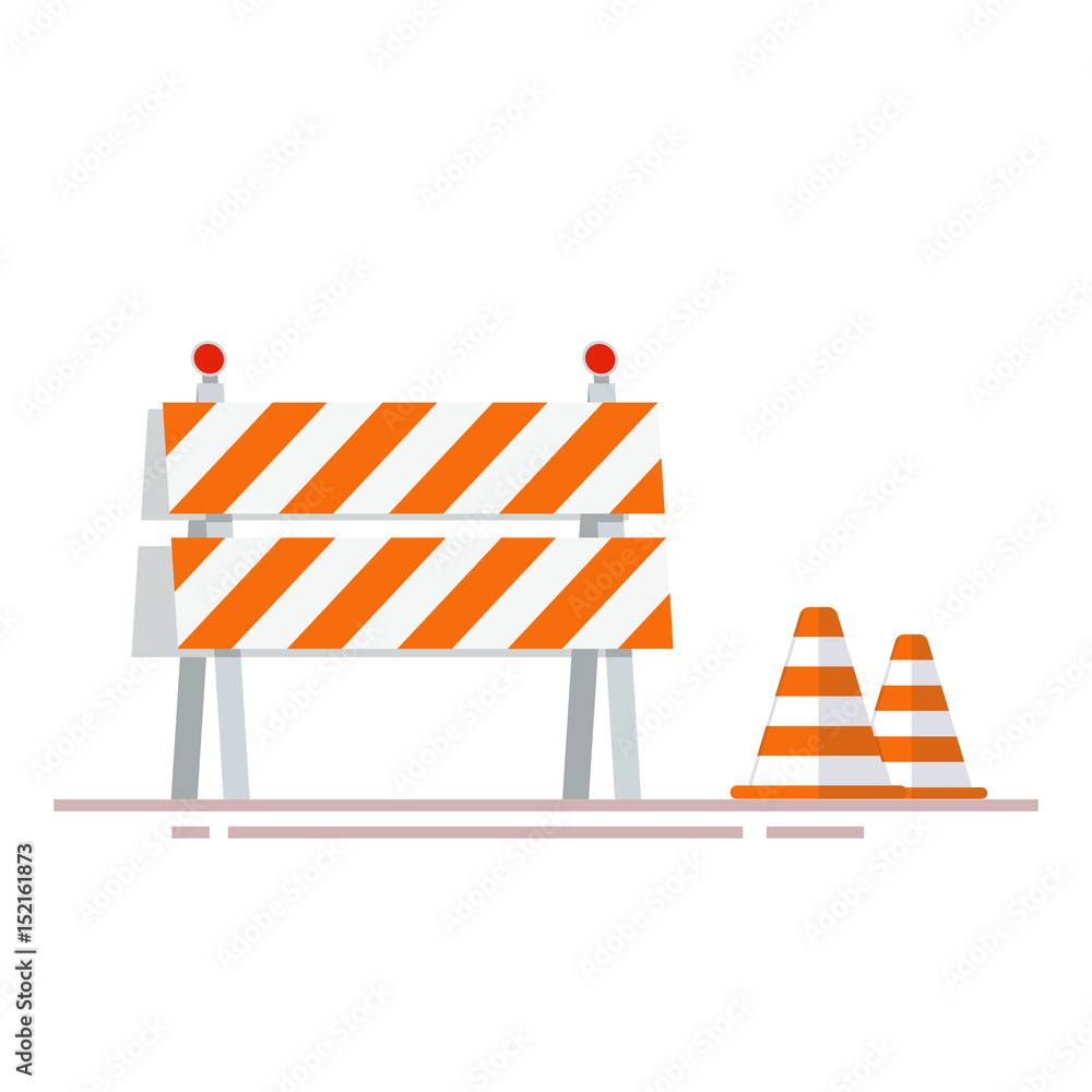 Poster construction fencing and cones for indicating dangerous places or objects. flat object isolated on w
