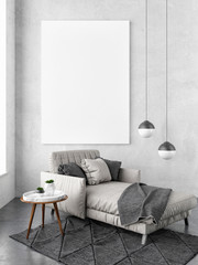 Interior concept mock up poster, sofa hipster background, 3d illustration