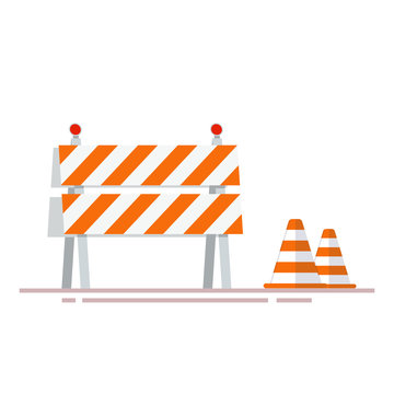 Construction fencing and cones for indicating dangerous places or objects. Flat object isolated on white background.
