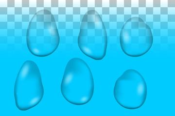 Various transparent vector water drops. Illustration of close up on differently shaped liquid drops on partly transparent backdrop.