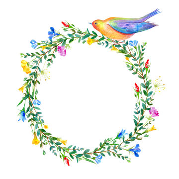 Floral wreath.Garland of a eucalyptus branch, bird and flowers.Frame of a herbs.Watercolor hand drawn illustration.It can be used for greeting cards, posters, wedding cards.