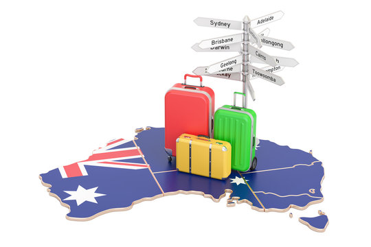 Australia travel concept. Australian flag on map with suitcases and signpost, 3D rendering