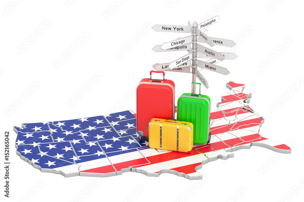 Poster usa travel concept. us flag on map with suitcases and signpost, 3d rendering