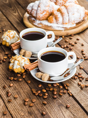 Breakfast with coffee and croissants on table