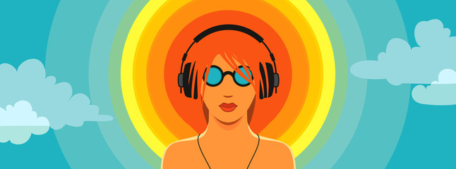 Naklejka premium Vinyl sun / Conceptual summer music vector. Man listening to the music in headphones, standing in front of the sun as a vinyl record against cloudy sky background.