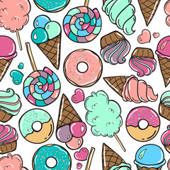Seamless pattern with candy, donuts sweet icecream and other elements.