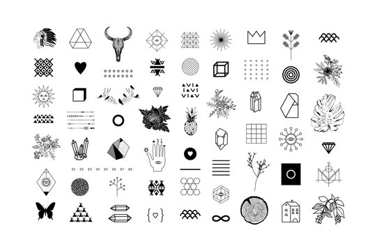 Set of different elements and shapes.Trendy hipster symbols and logotypes. Ethnic patterns. Geometric, alchemy, decor items. Vector. 
