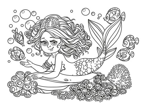 Beautiful mermaid girl lies on a rock outlined isolated on a whi