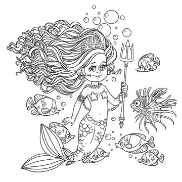 Beautiful mermaid girl surrounded by a fish holds a trident outl