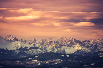 Fototapeta na wymiar Morning panorama of snowyTatra Mountains, Poland