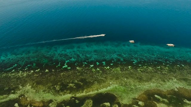 Aerial view of motor boat in sea. Aerial image of motorboat floating in a turquoise blue sea water. Sea landscape with wake of small fast motorboat. Tropical landscape. Philippines, Bohol, 4K video