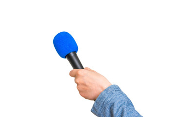 Hand of reporter with blue microphone isolated on white