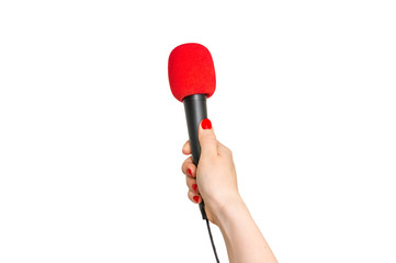 Hand of reporter with red microphone isolated on white