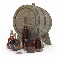 Collection of cognac bottles isolated 3d rendering
