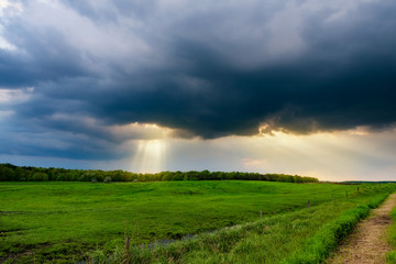 Fototapeta na wymiar Sunrays over the stormy field
