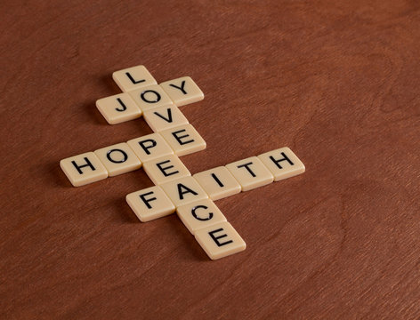 Crossword puzzle with words Faith, Hope, Love. Faith concept.