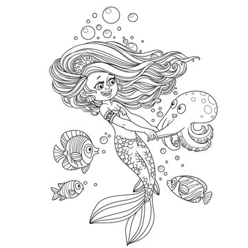 Beautiful little mermaid girl dancing with an octopus outlined isolated on white background