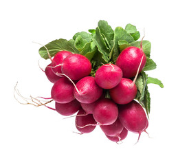 Red ripe radish with green leaves, isolated on white background