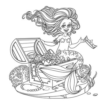 Beautiful little mermaid girl is sitting on a treasure chest and keep the crown on the hand outlined isolated on white background