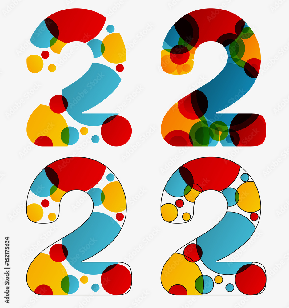Fototapete Set of 4 isolated abstract lava lamp styled number two - 2, first simple, second multiplied, third with outlined number two, fourth with outlined every circle and the whole two