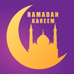 Ramadan kareem silhouette mosque on crescent moon on purple background