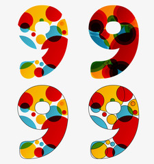 Set of 4 isolated abstract lava lamp styled number nine - 9, first simple, second multiplied, third with outlined number nine, fourth with outlined every circle and the whole nine